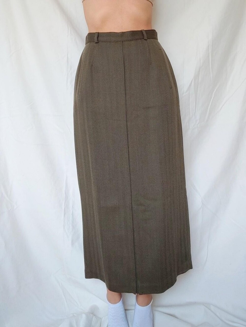 Vintage Army Green High Waisted Wool Pencil Maxi Midi Skirt